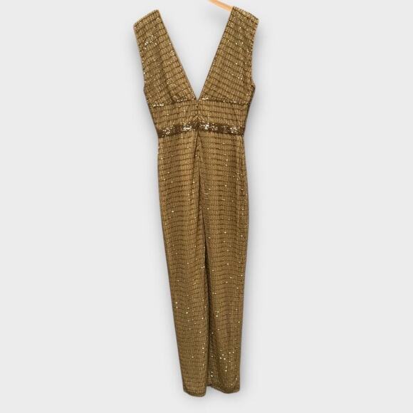 NWT Mac Duggal Gold Beaded Cap Sleeve V Neck 5625 Column Gown - Picture 4 of 13